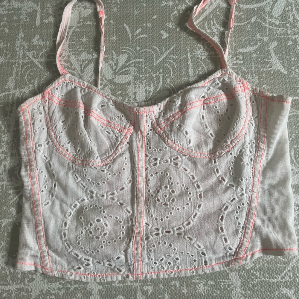 Free People Beachy White Eyelet Crop Top Size Medium with Pink Accents